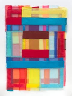 Passage, 2024, vibrant, jewel-like, diaphanous strips of fabric collages