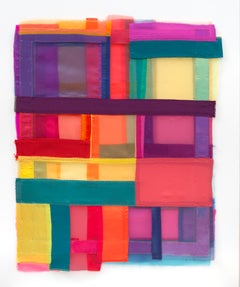 Footing, 2024, vibrant, jewel-like, diaphanous strips of fabric collages
