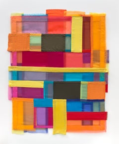 Scale, vibrant, jewel-like, diaphanous strips of fabric collages