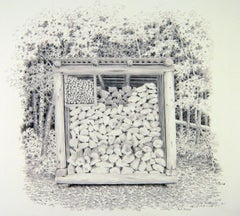 Woodshed Spencer-Pond Camps aus Holz, eine schwarz-weiße Zeichnung einer Holzfalle im Wald