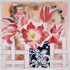 Frilly Tulips - Quadro floreale contemporaneo, 20 x 20 in opera d'arte incorniciata