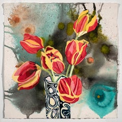 Tulipes dans un vase, nature morte florale vibrante, 16 x 16 in.