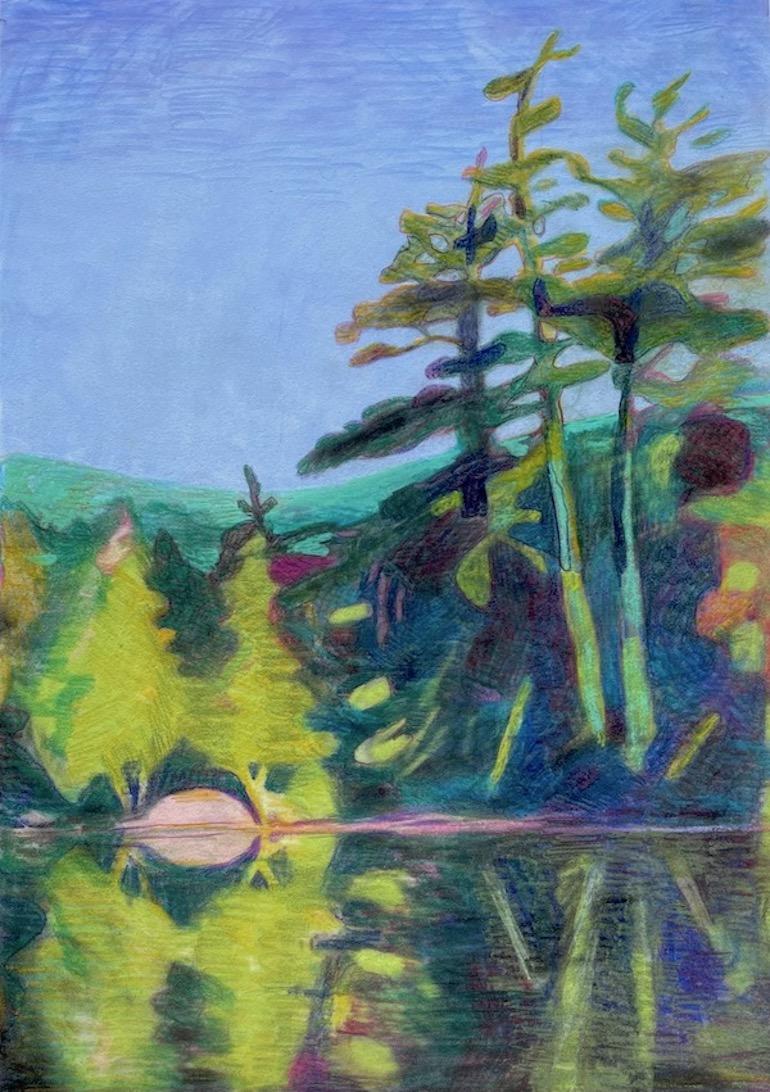 Landscape Art de Sandy Litchfield - Isla de las águilas pescadoras, dibujo paisajístico impresionista a lápiz de color