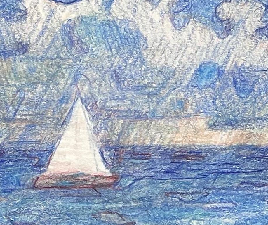 7-24-22, Impressionist, abstracted landscape drawing with colored pencil - Blue Abstract Drawing by Sandy Litchfield