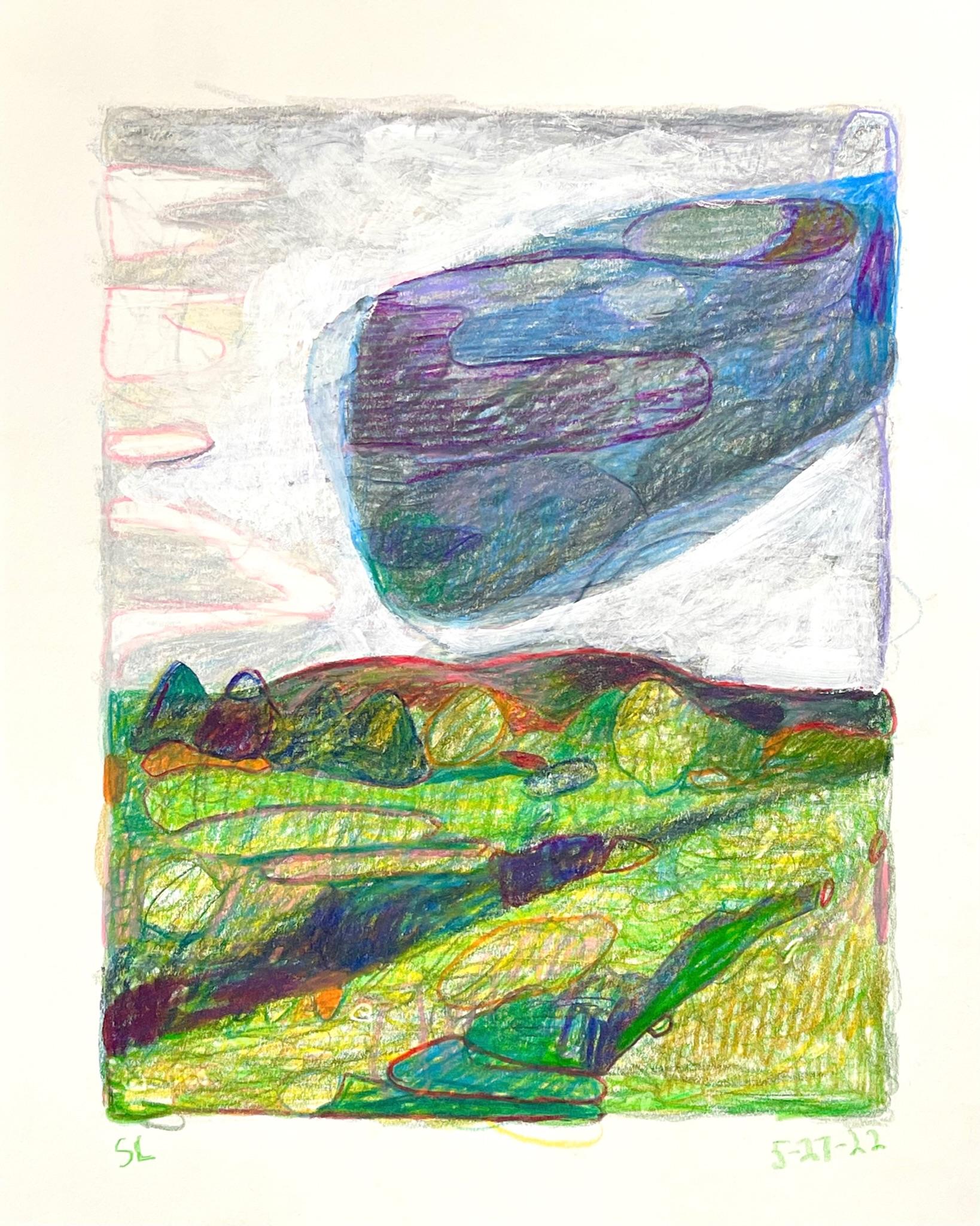 5-27-22, dessin de paysage abstrait impressionniste au crayon en couleur