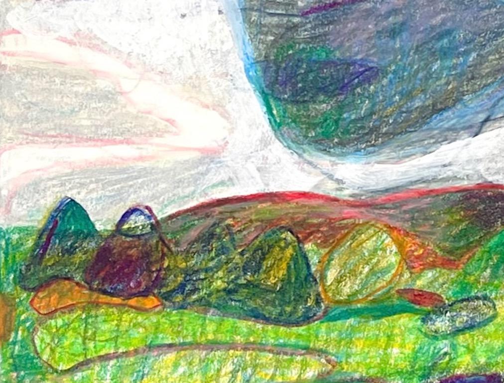 5-27-22, dessin de paysage abstrait impressionniste au crayon en couleur - Art de Sandy Litchfield