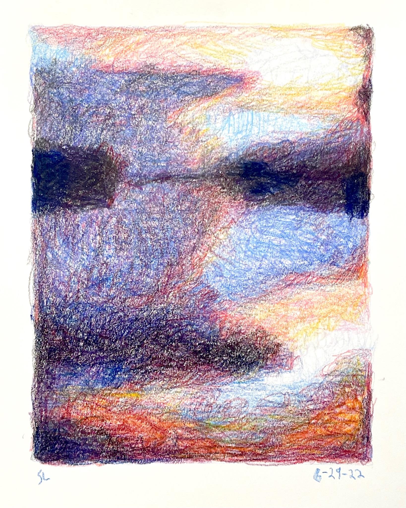 6-29-22, dessin de paysage abstrait impressionniste au crayon en couleur