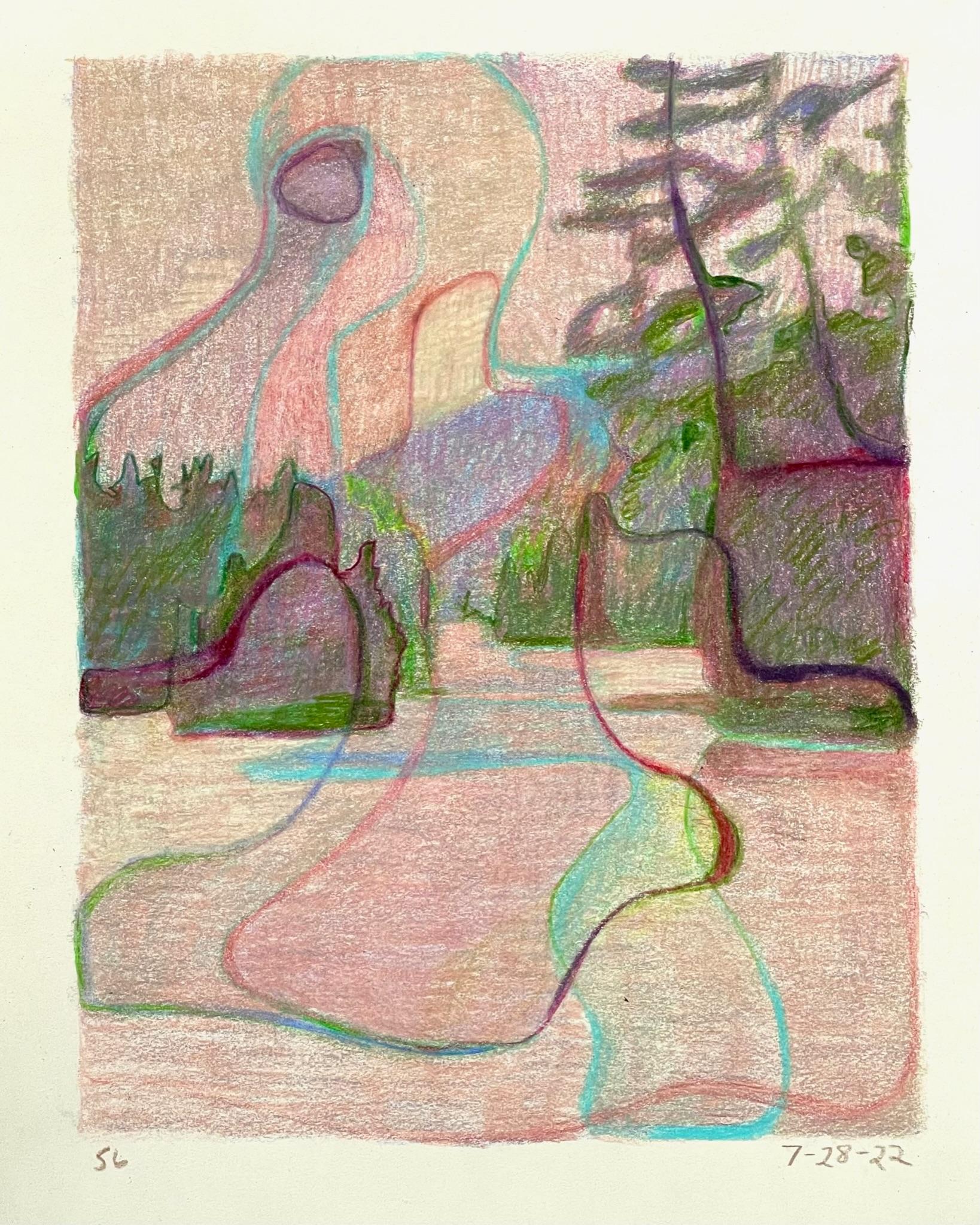 Sandy Litchfield Landscape Art - 7-28-22, Impressionist, abstracted landscape drawing with colored pencil