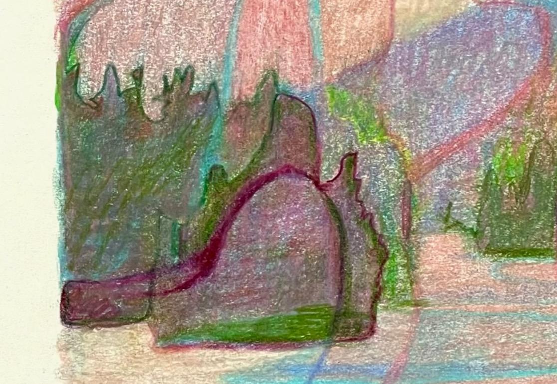 Sandy Litchfield brings her magical abstracted landscapes to a new medium in her recent colored pencil drawings. Loose, delicate lines scramble over one another, bringing a diffuse, aerated quality to Litchfield's forms. There is a sense of fantasy