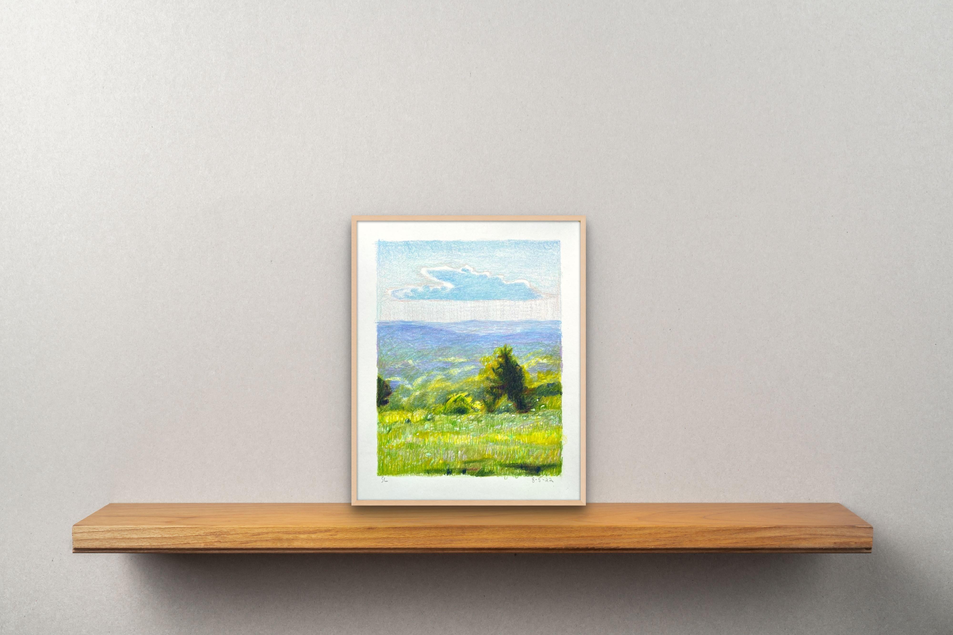 8-5-22, dessin de paysage abstrait impressionniste au crayon coloré - Gris Landscape Art par Sandy Litchfield