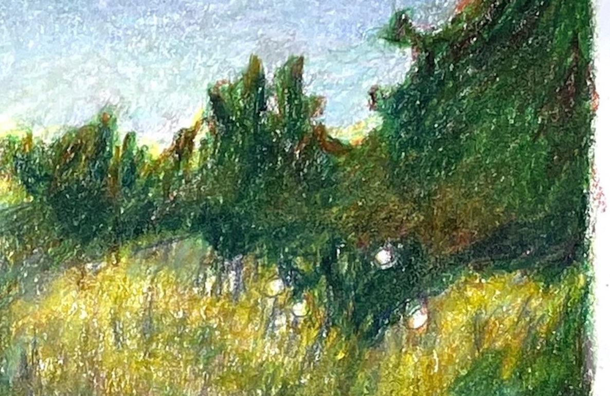 8-6-22, dessin de paysage abstrait impressionniste au crayon en couleur - Art de Sandy Litchfield