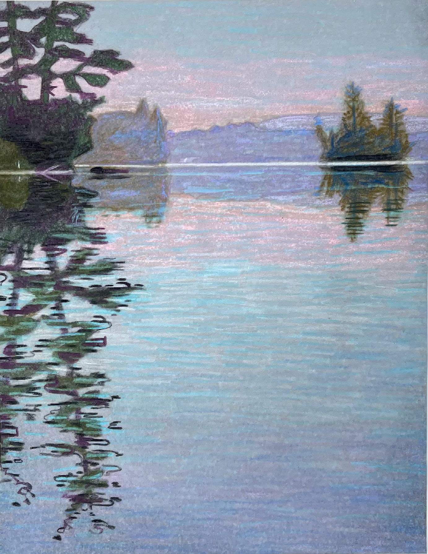 Sandy Litchfield Landscape Art - Lake 3 (kayak), post-impressionistic landscape drawing