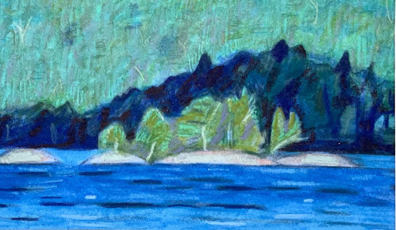 Le lac 7 (ombres de nuages), dessin de paysage post-impressionniste - Bleu Landscape Art par Sandy Litchfield