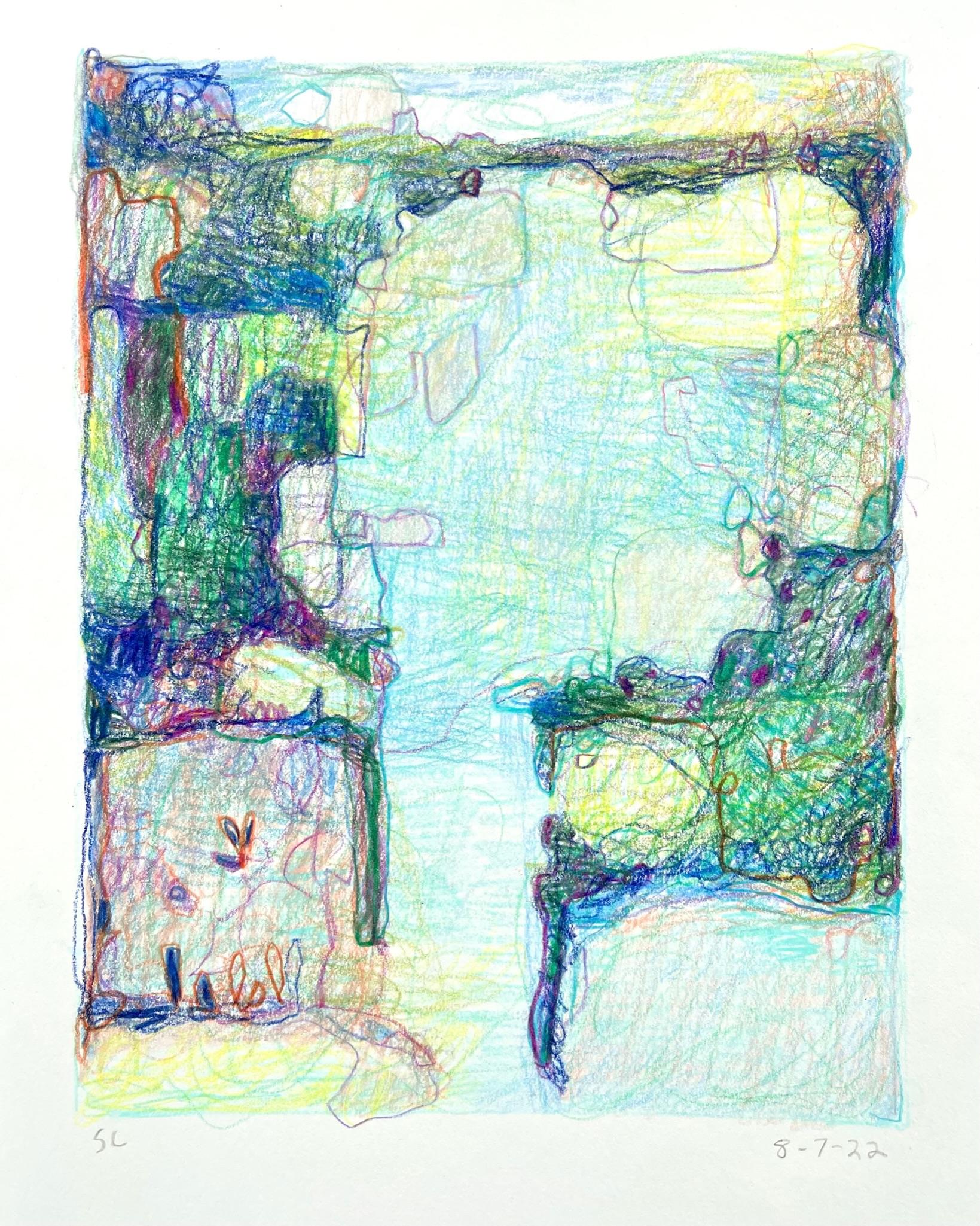 Abstract Drawing Sandy Litchfield - 8-7-22, dessin de paysage abstrait impressionniste au crayon en couleur