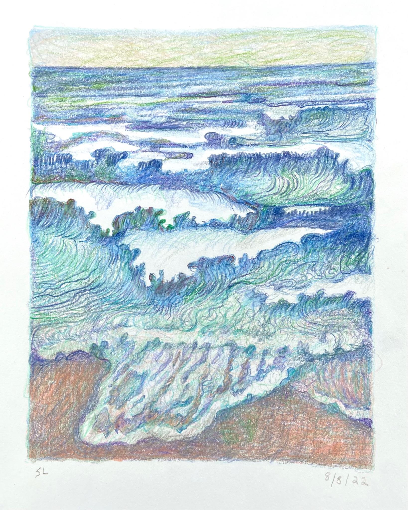 Sandy Litchfield Landscape Art - 8-8-22, Impressionist, abstracted landscape drawing with colored pencil