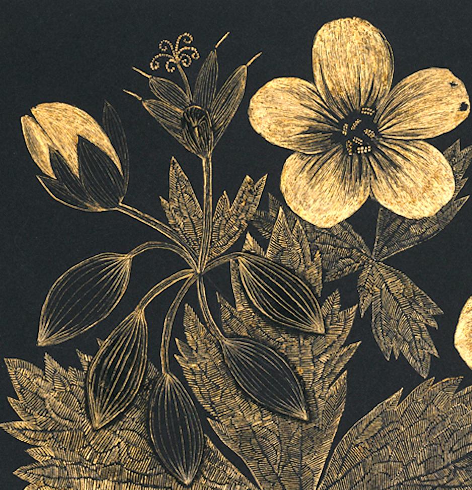 Wild Geranium 1, gold acrylic ink botanical still life drawing - Art by Margot Glass