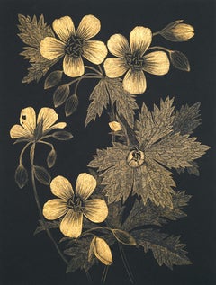 Wild Geranium 2, gold acrylic ink botanical still life drawing
