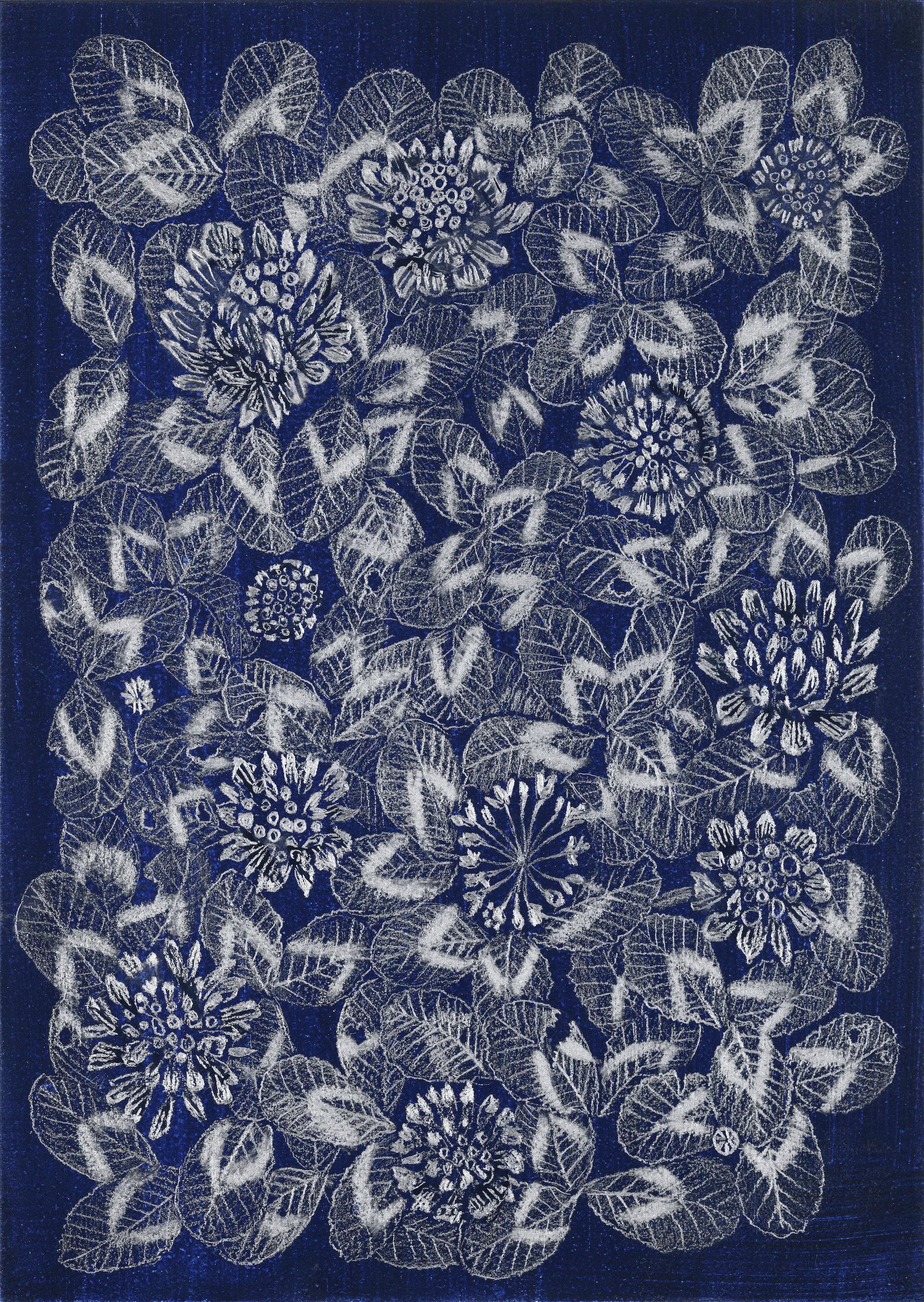 Margot Glass Still-Life - Blue Clover 1, patterned floral still life drawing