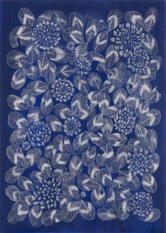 Blue Clover 2, patterned floral still life drawing