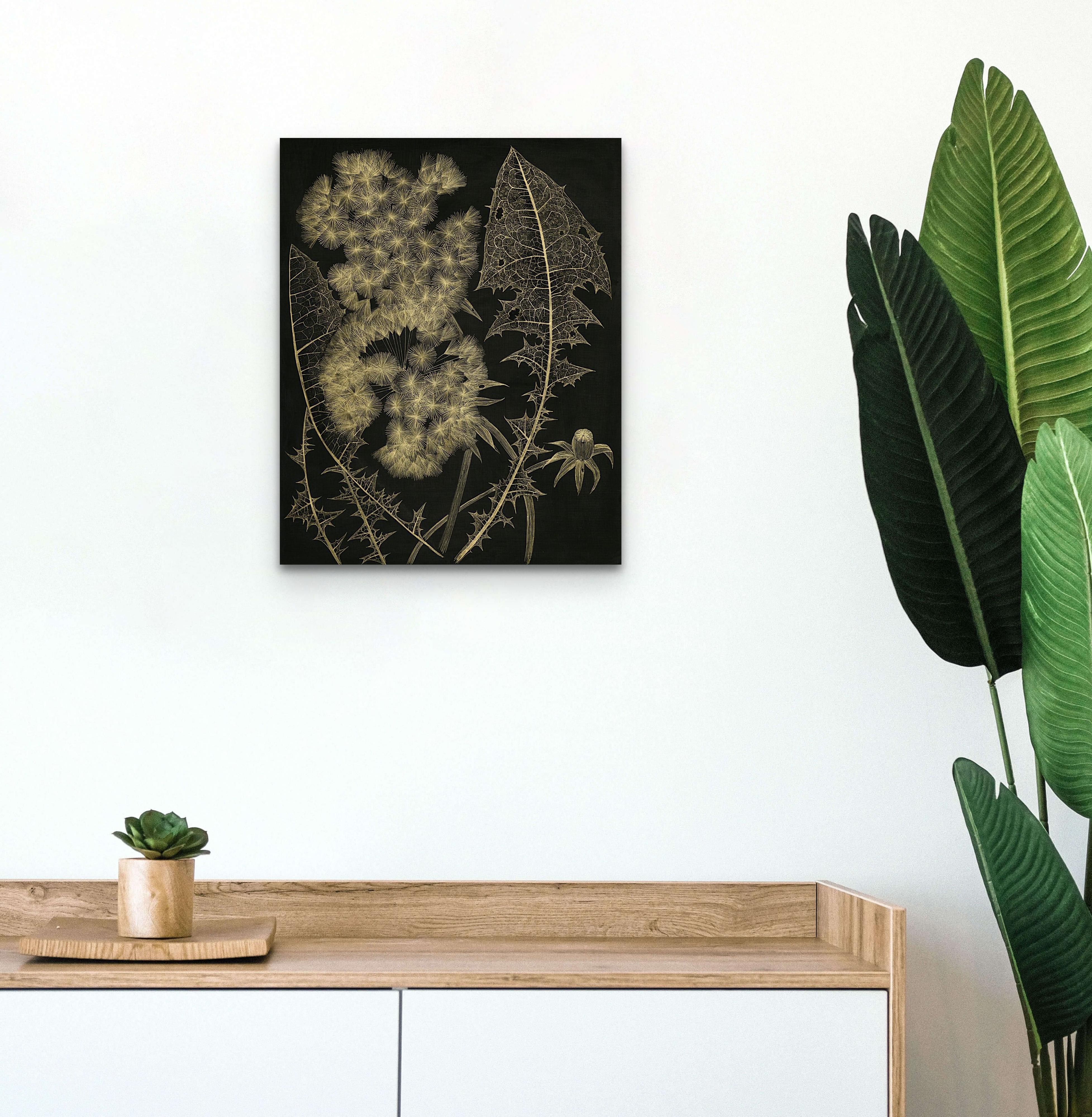 Two Dandelions with Bud, gold acrylic ink botanical still life on panel - Black Still-Life by Margot Glass