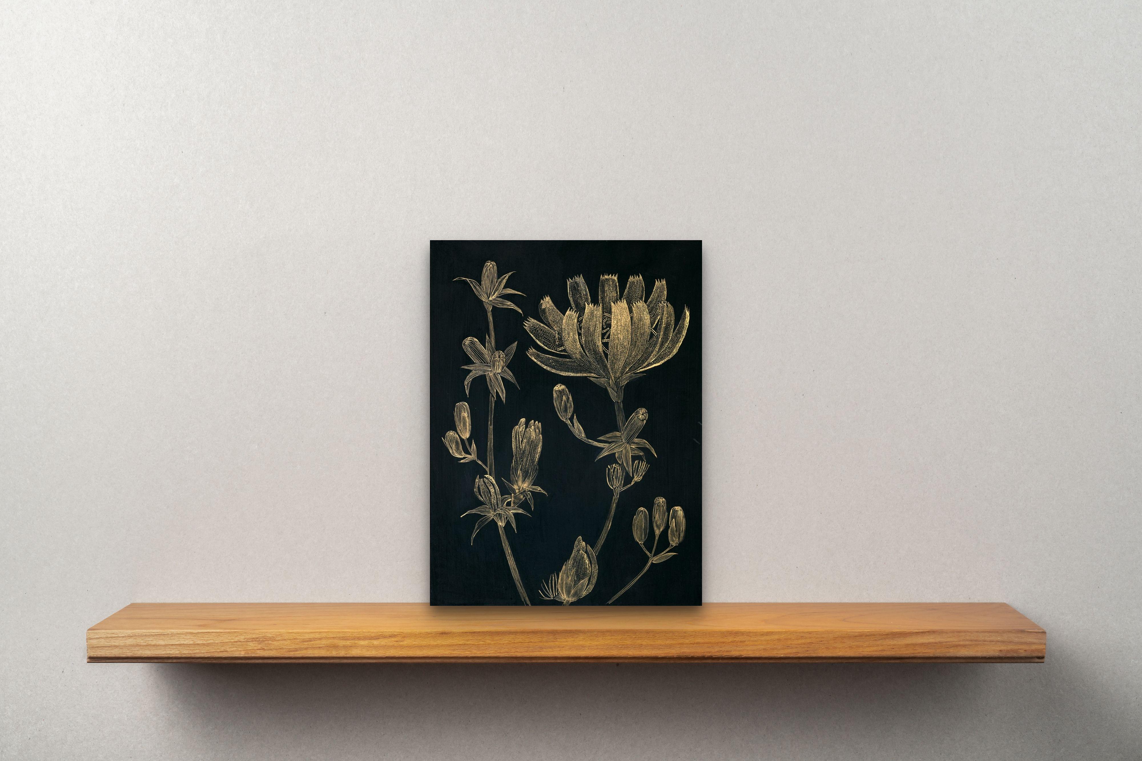 Chicory 2, gold ink botanical still life drawing - Black Still-Life by Margot Glass
