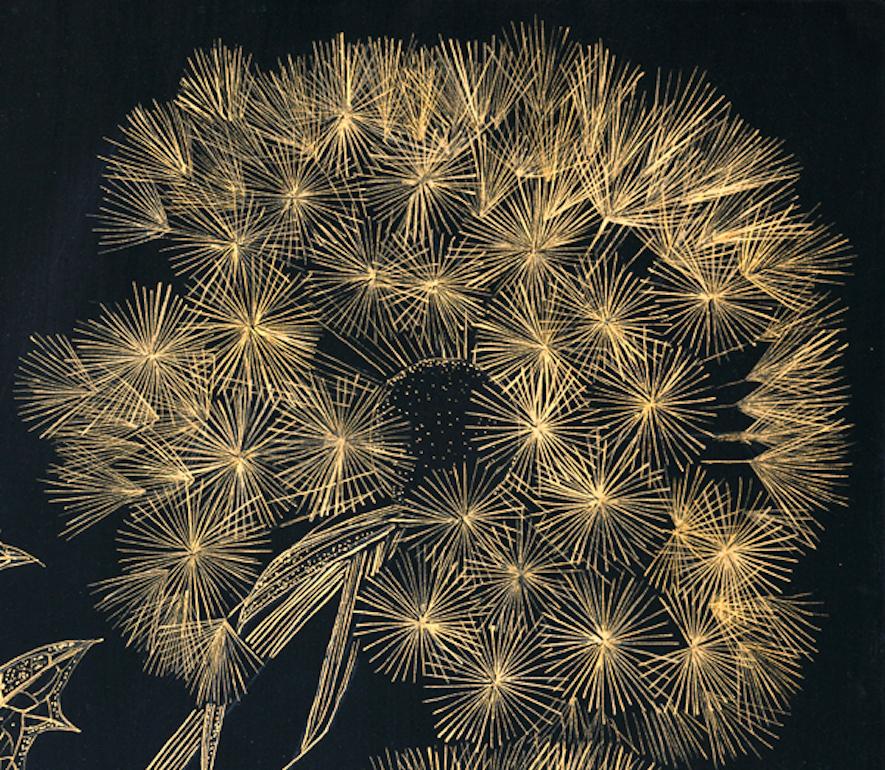 Two Dandelions, gold ink botanical still life drawing - Art by Margot Glass