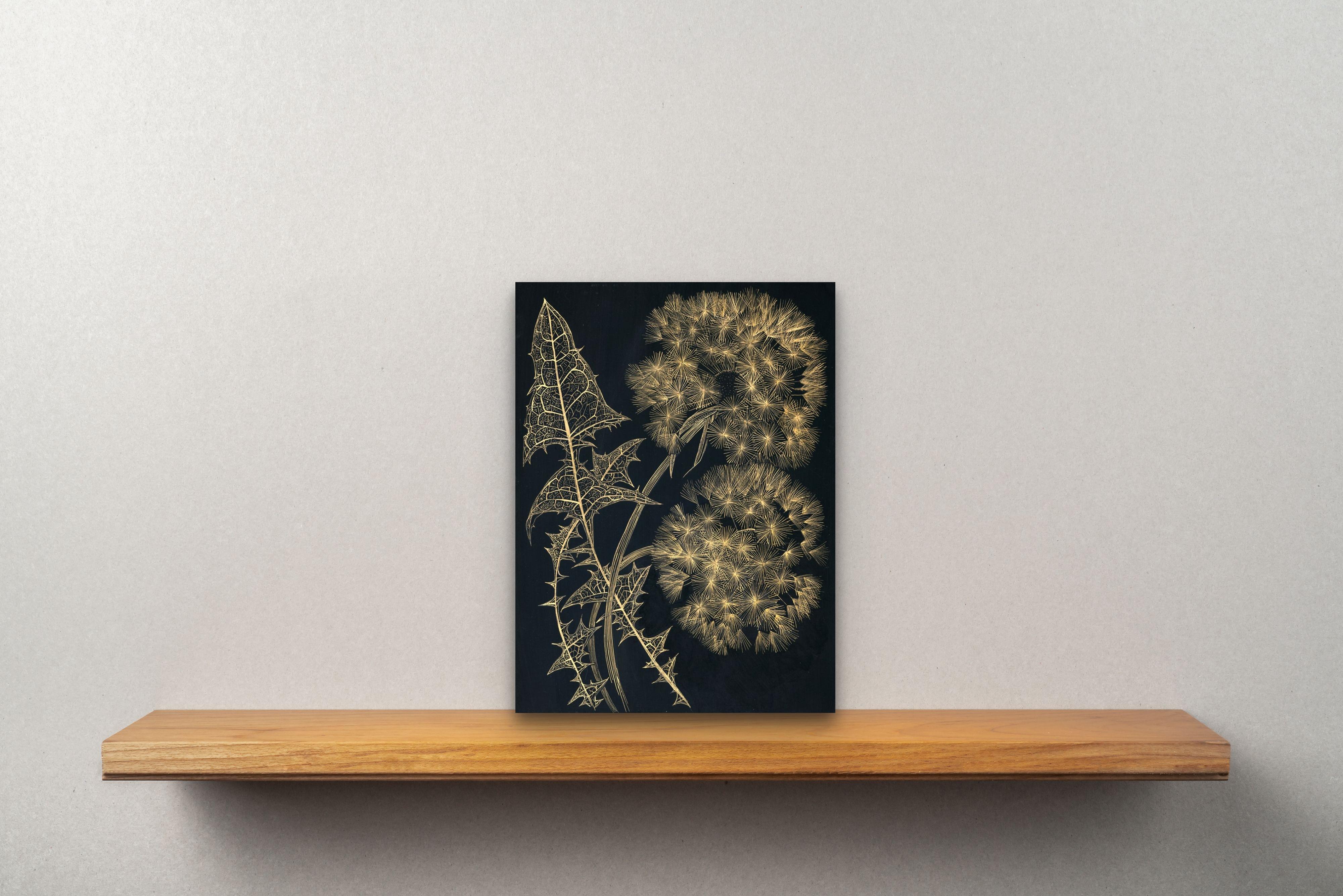 Two Dandelions, gold ink botanical still life drawing - American Realist Art by Margot Glass