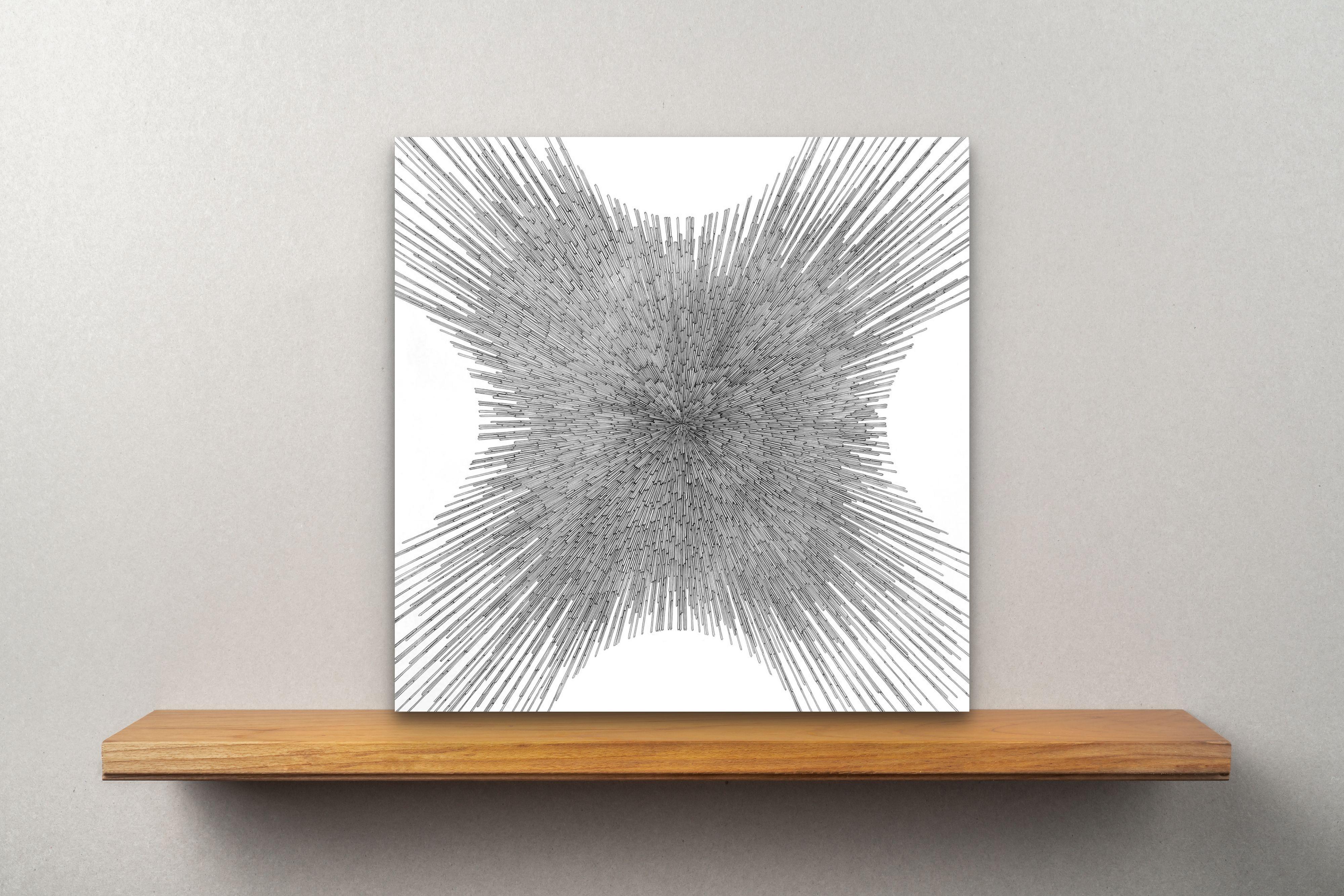 Quantum, a highly detailed geometric black ink drawing on clay-coated panel - Art by Jenifer Kent