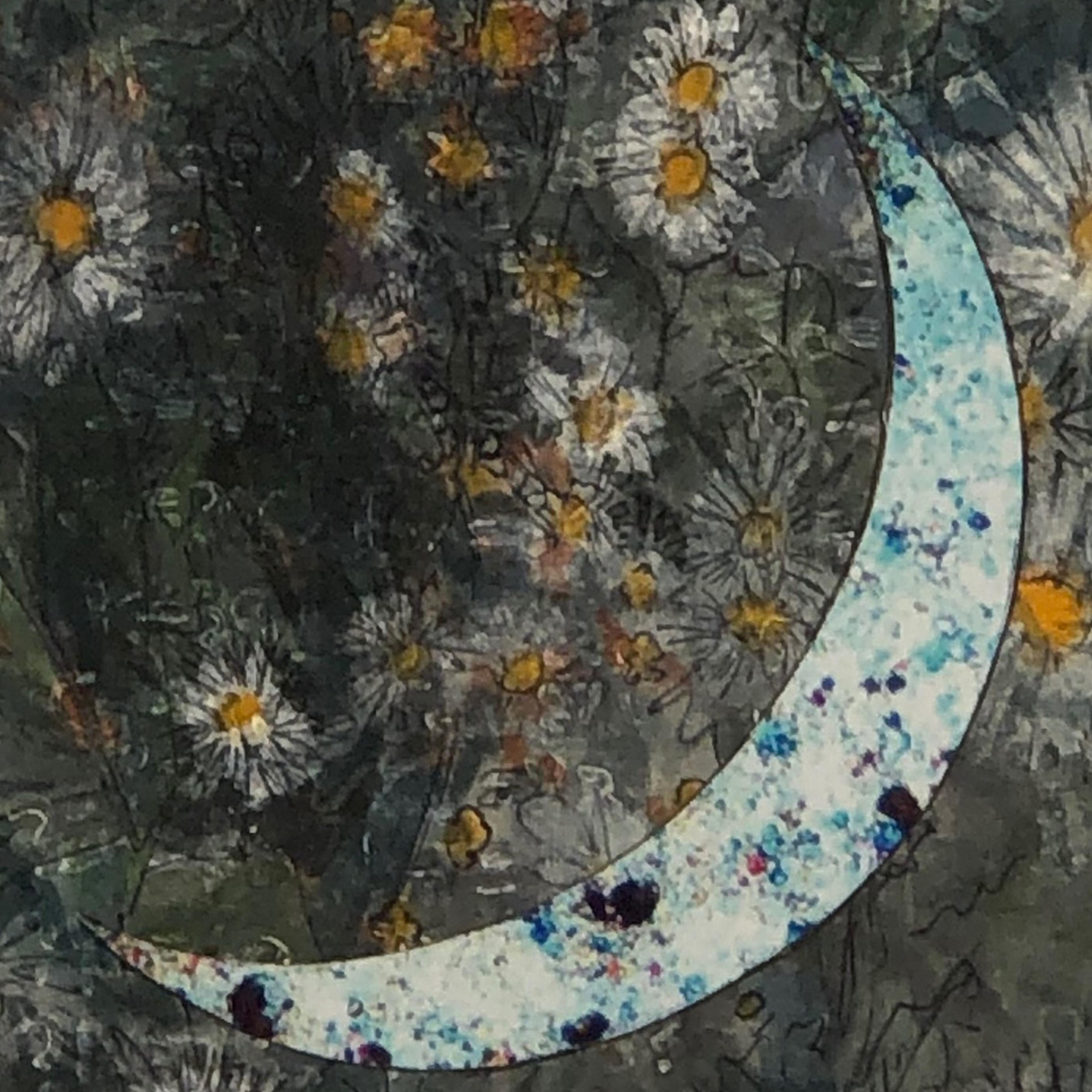 Ciel nocturne, série des rêves de Mendeleïev, collage à l'aquarelle sur papier stratifié. - Art de Marcia Scanlon