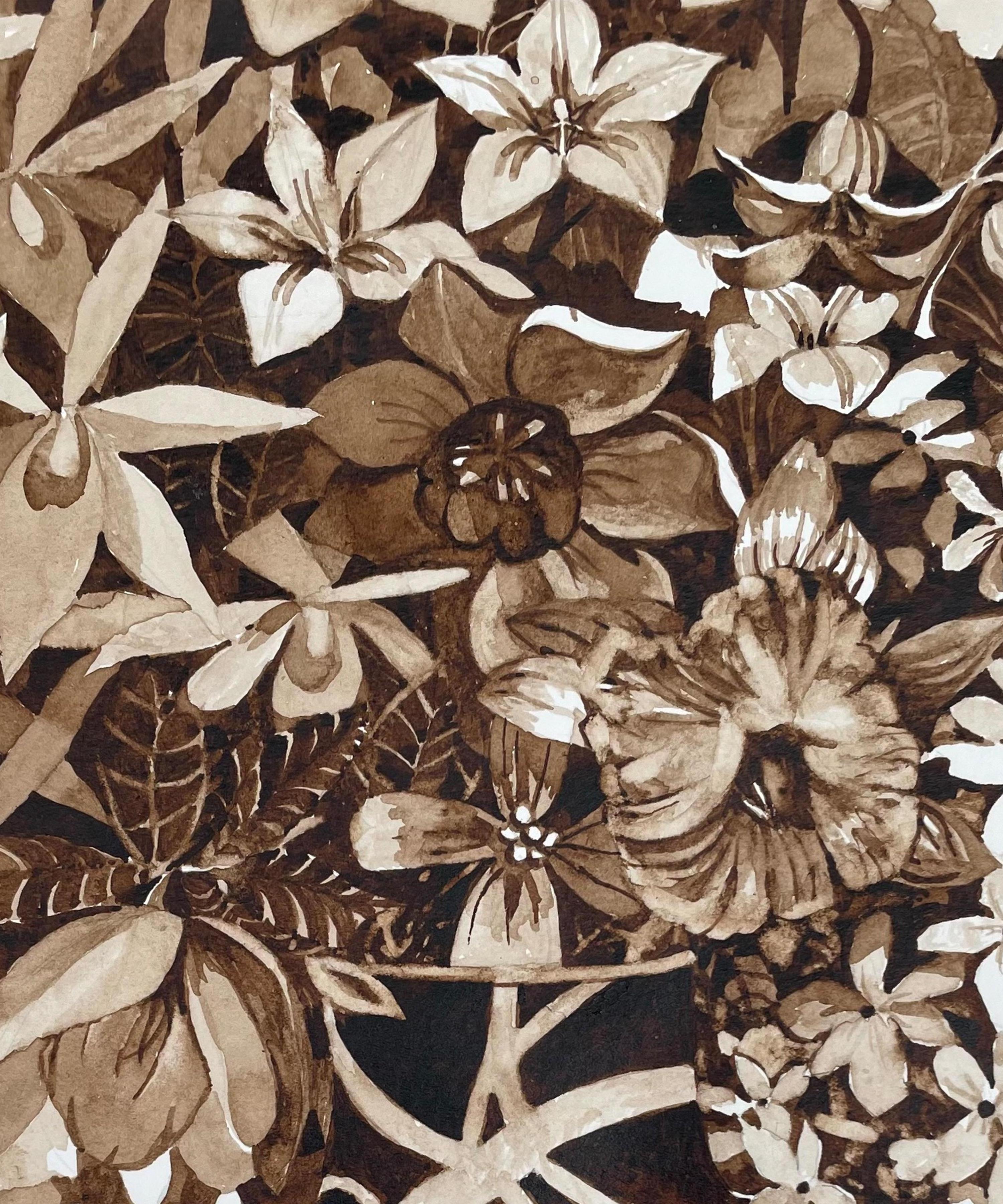 Bouquet intérieur, jardin extérieur, bouquet monochrome, encre de noix sur papier, 2022 - Art de Susan Cohen