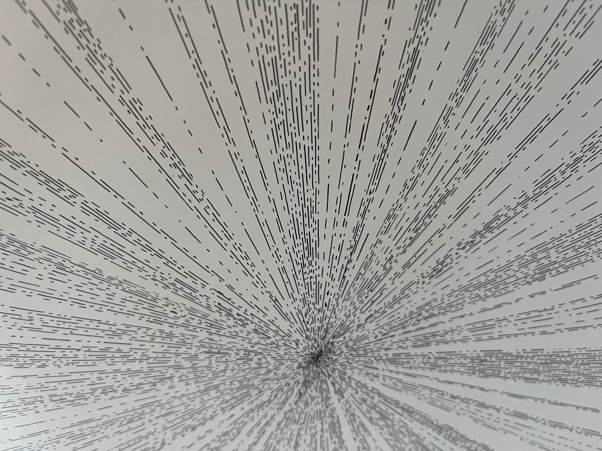 This mesmerizing ink drawing on clay-coated panel by Jenifer Kent shows off the artist's meditative process as she hand-draws, without assistance from a straight edge, a network of lines, dots and squiggles that create pulsating geometric radials.