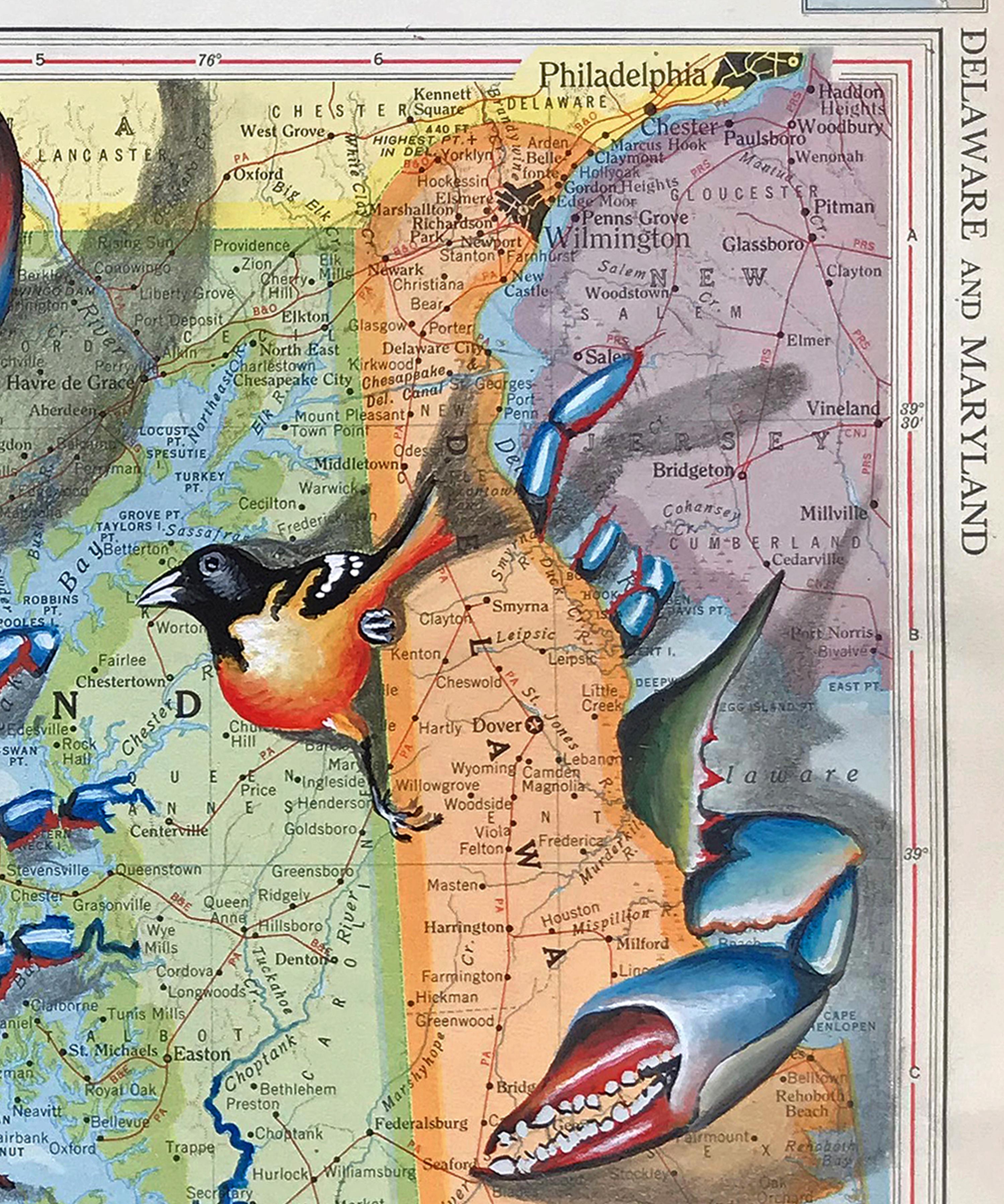 Midnight Sun, Gouache und Bleistift auf Rand-McNally World Atlas Map von 1946, 2020  (Zeitgenössisch), Art, von Carol Wax
