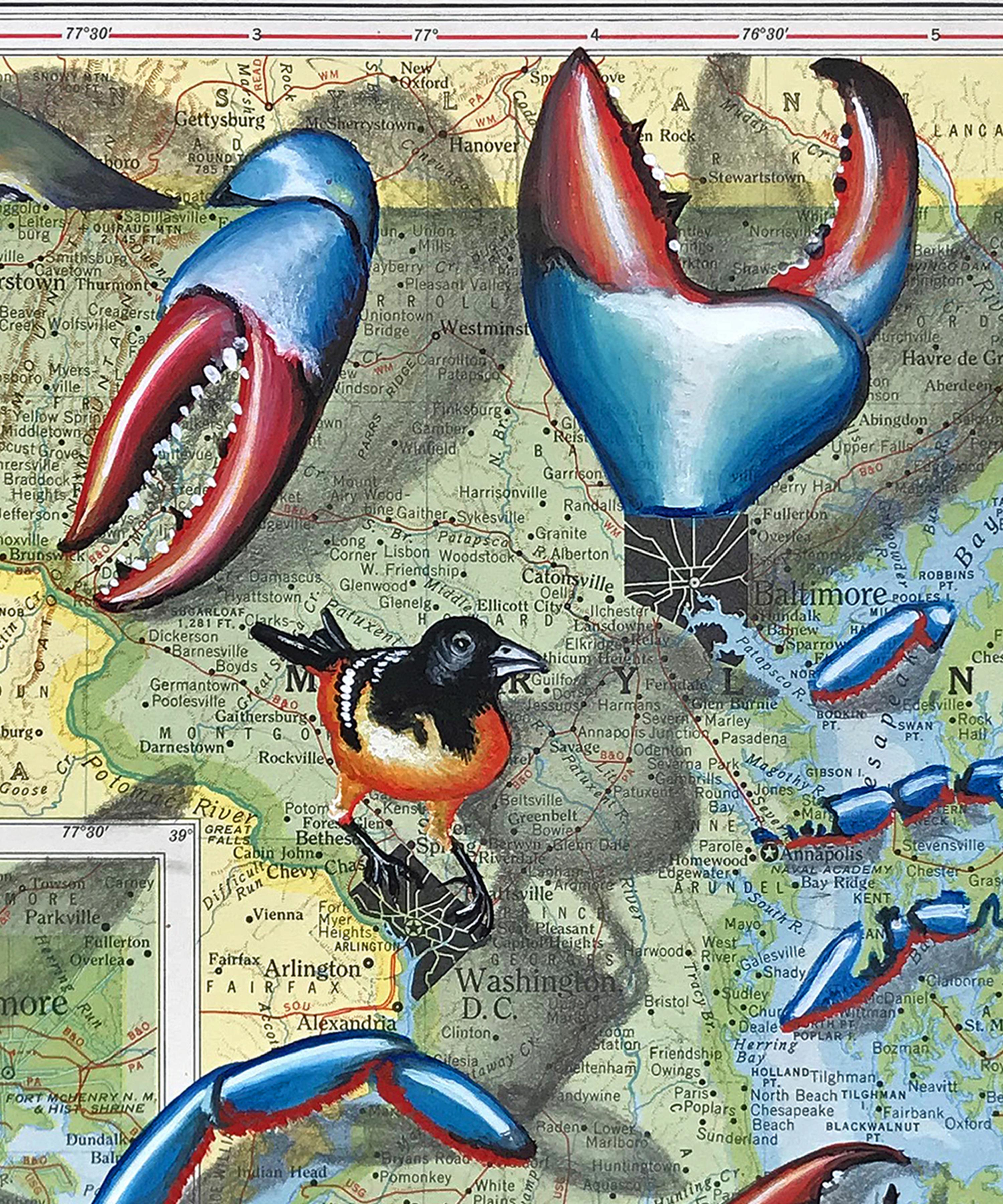 Midnight Sun, Gouache und Bleistift auf Rand-McNally World Atlas Map von 1946, 2020  – Art von Carol Wax