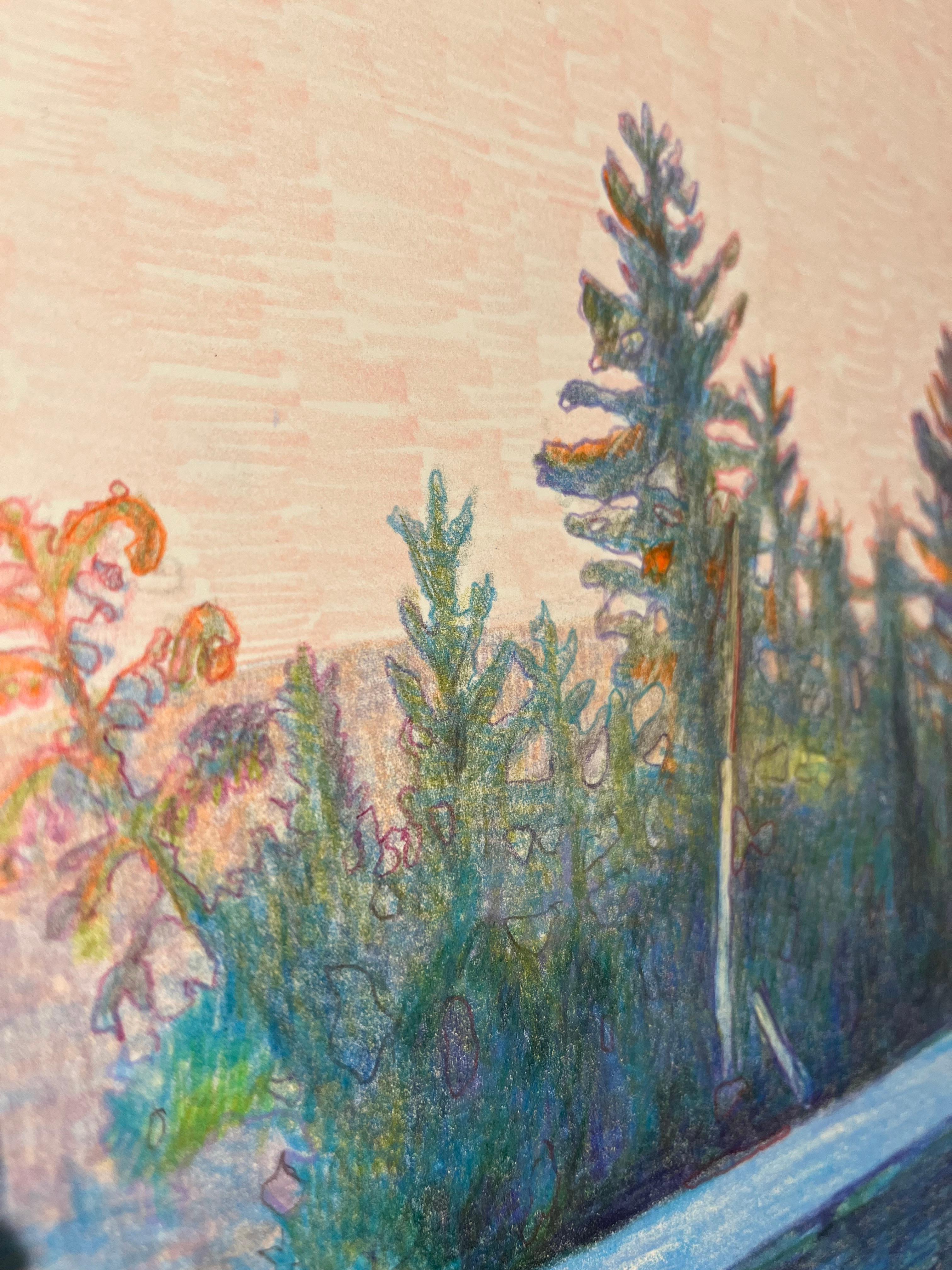 Morning, lebhafte abstrakte Landschaftszeichnung mit Buntstift (Beige), Landscape Art, von Sandy Litchfield