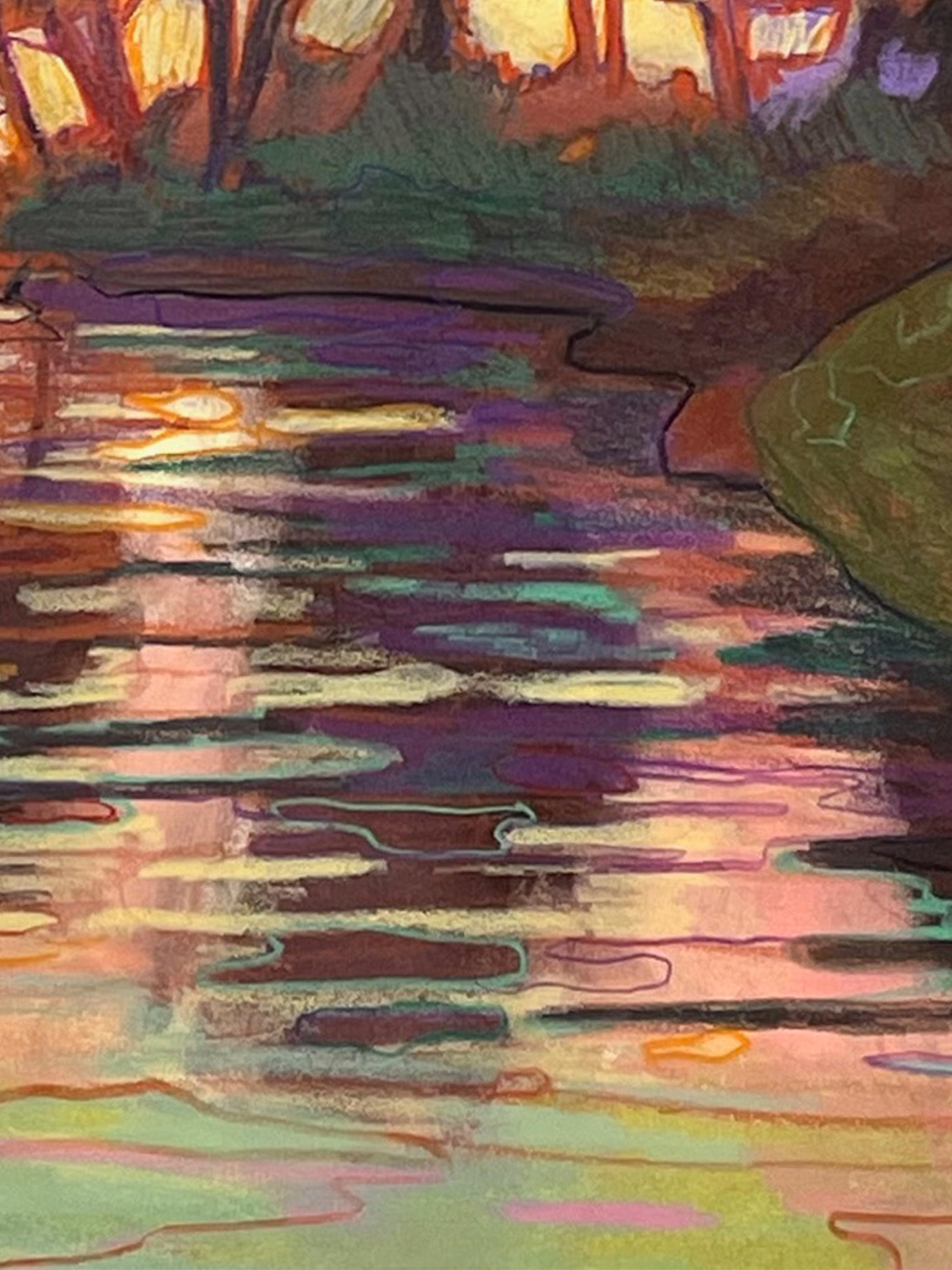 Mindoor, abstract landscape drawing w/ colored pencil and pastel - Beige Landscape Art by Sandy Litchfield