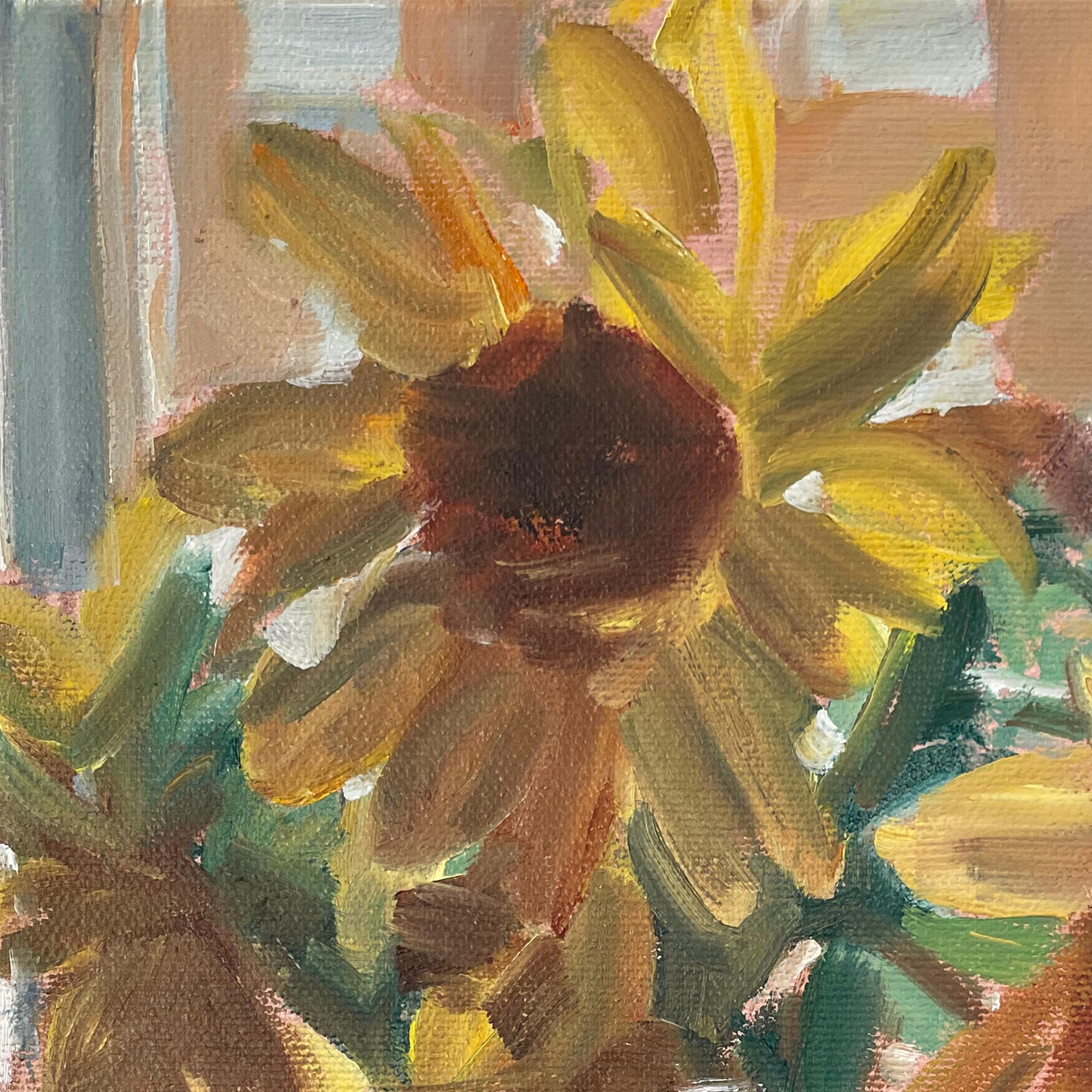 Just Go (Sunflowers), 2020, oil on canvas, yellow, floral still-life painting - Impressionist Art by Daisy Craddock