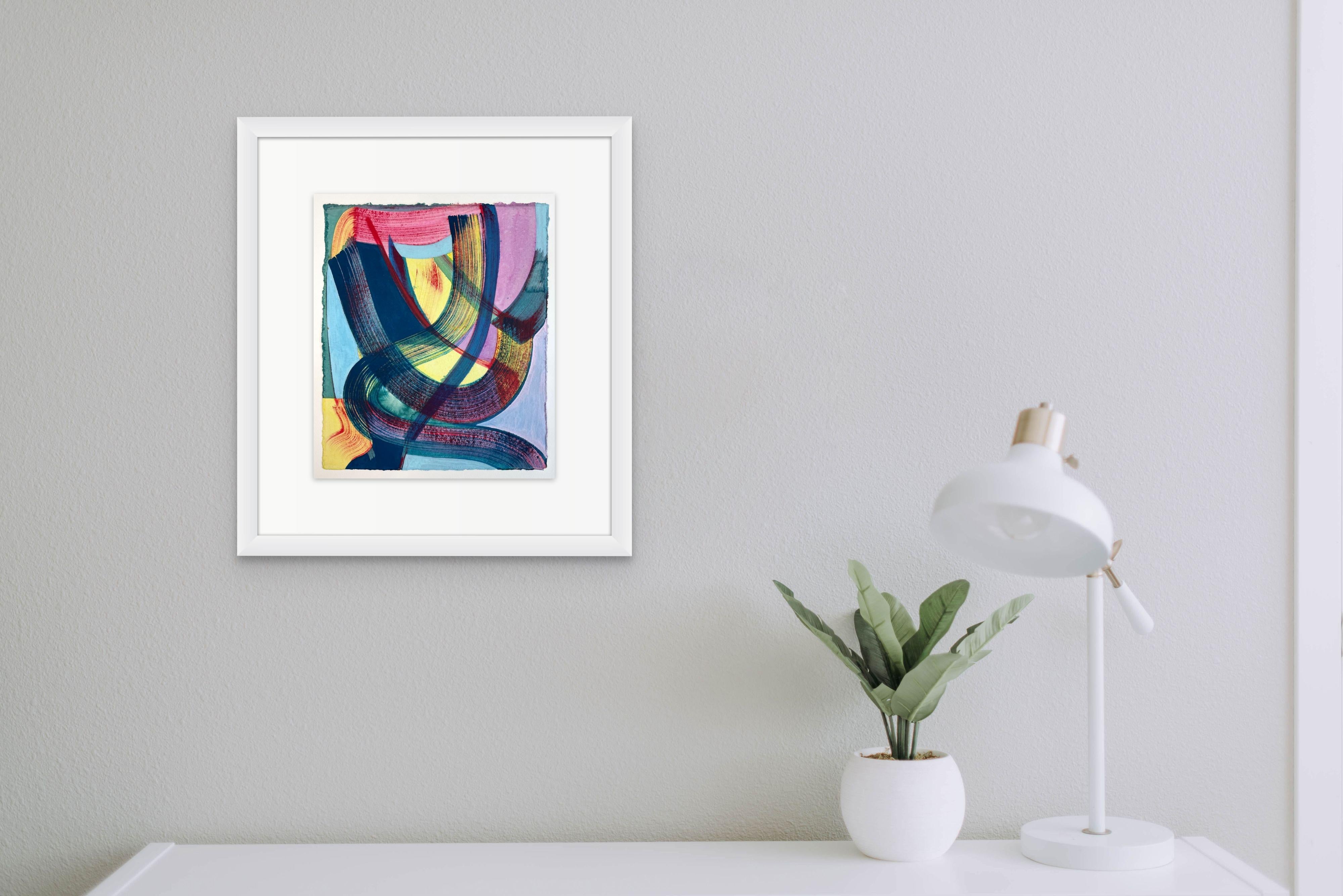 Speak to Me, 2023, abstract, colorful, watercolor and acrylic on paper - Gray Abstract Drawing by Sarah Brenneman