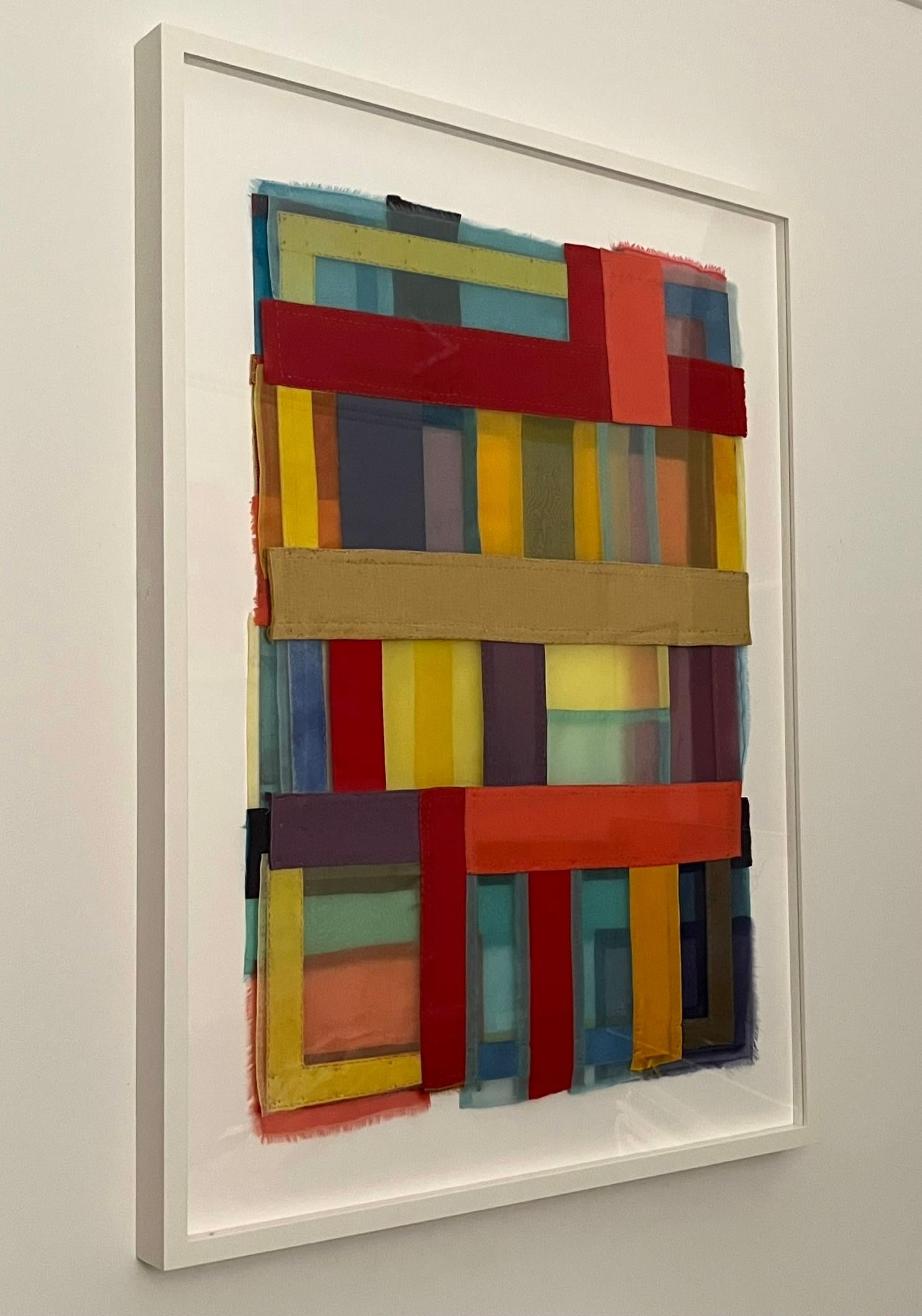 Rahmen, 2024, lebhafte, juwelenartige, diaphanische Streifen von Stoffcollagen (Abstrakt), Art, von Linda Kamille Schmidt