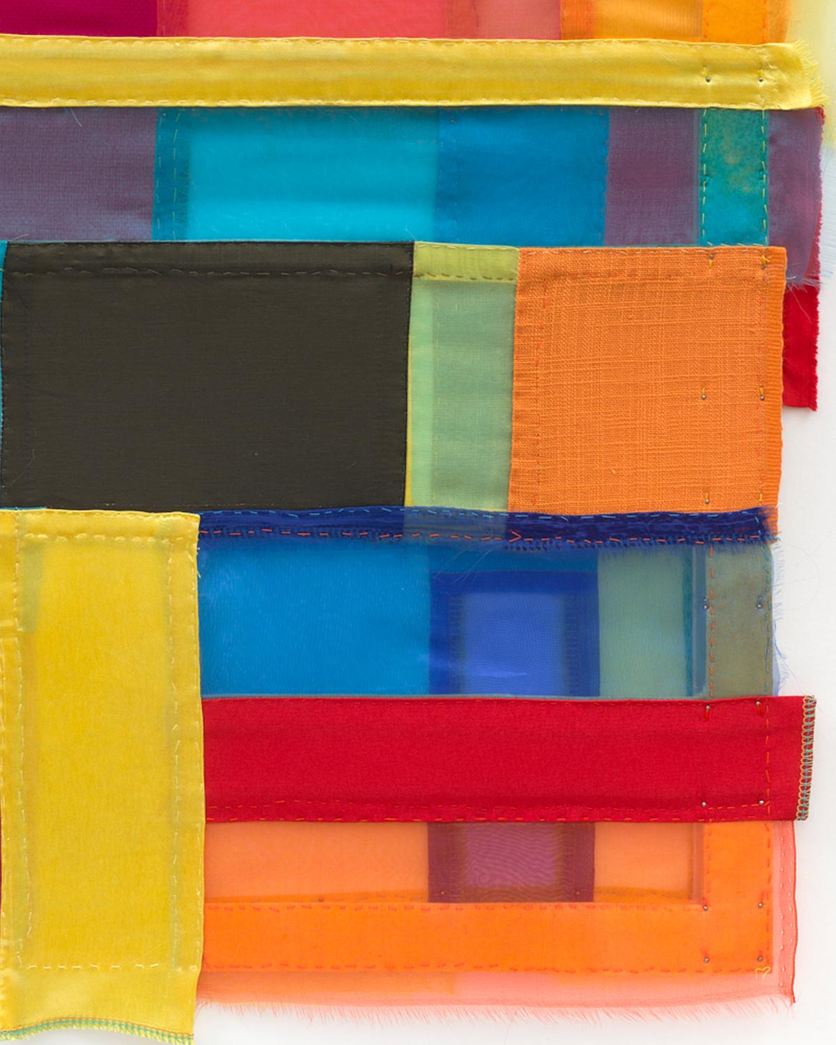 Linda Kamille Schmidt plays with emotional connections and memory in her smaller, framed works. In their encasements, each collage appears as a portal; a well of both excitement and sentimentality. Her transparent and opaque fabrics mingle together