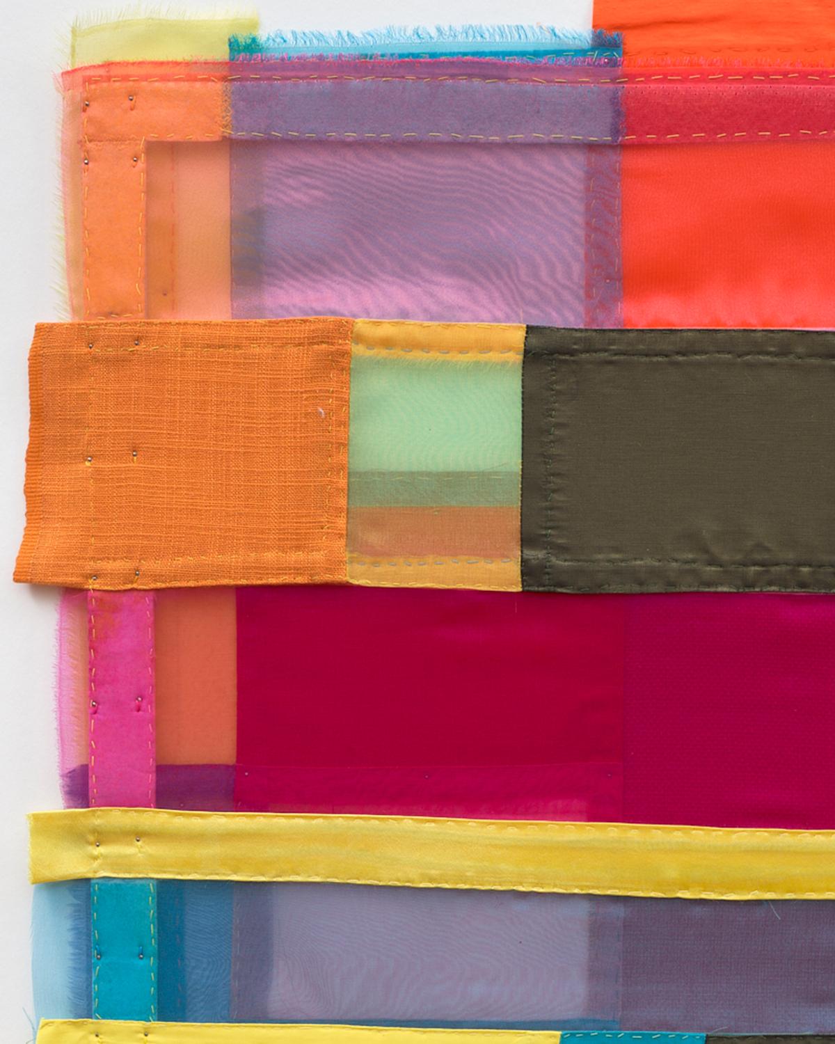 Scale, vibrant, jewel-like, diaphanous strips of fabric collages - Abstract Art by Linda Schmidt