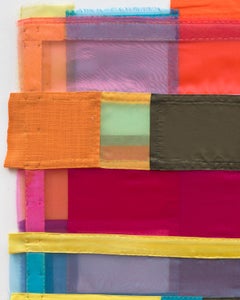 Scale, vibrant, jewel-like, diaphanous strips of fabric collages