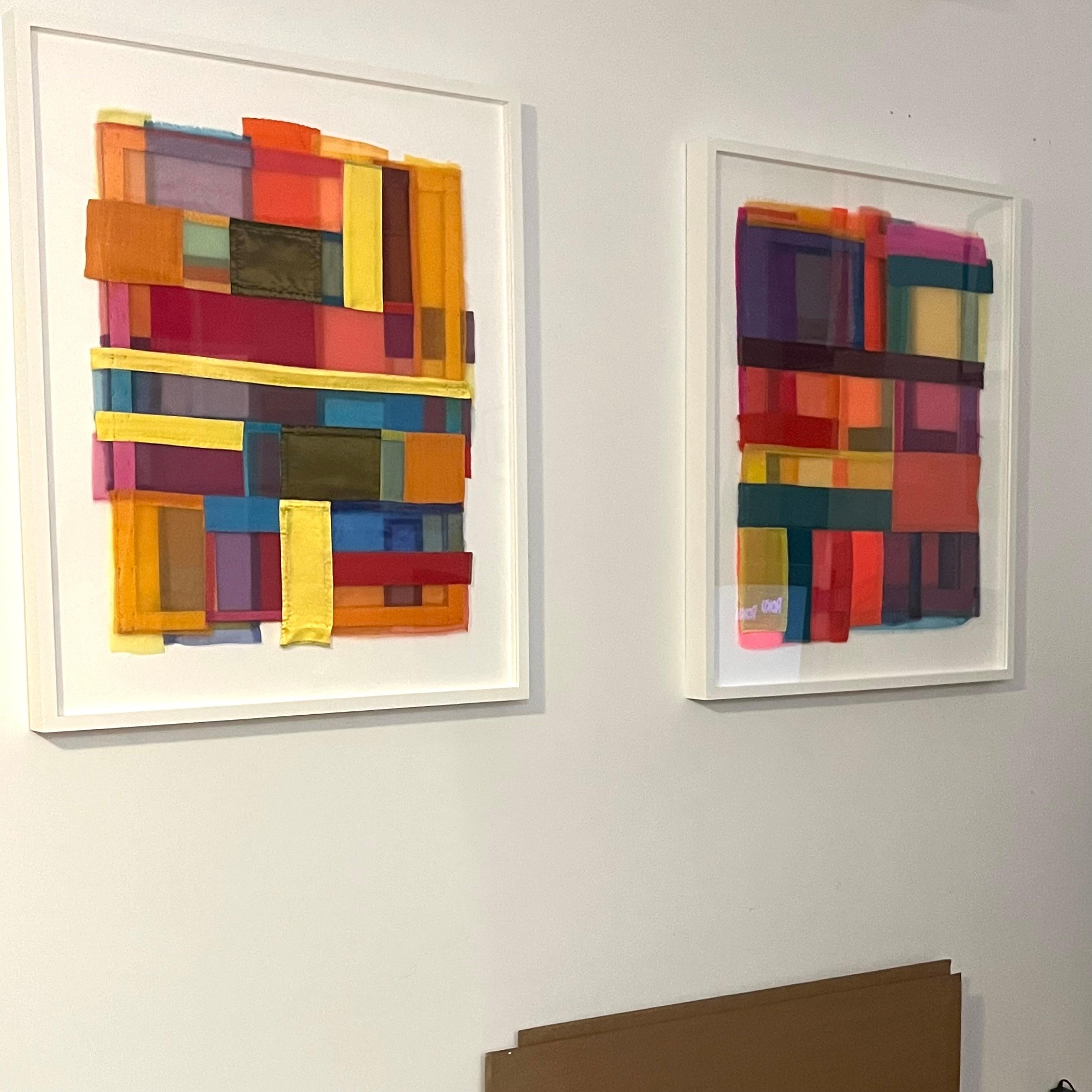 Scale, vibrant, jewel-like, diaphanous strips of fabric collages For Sale 2