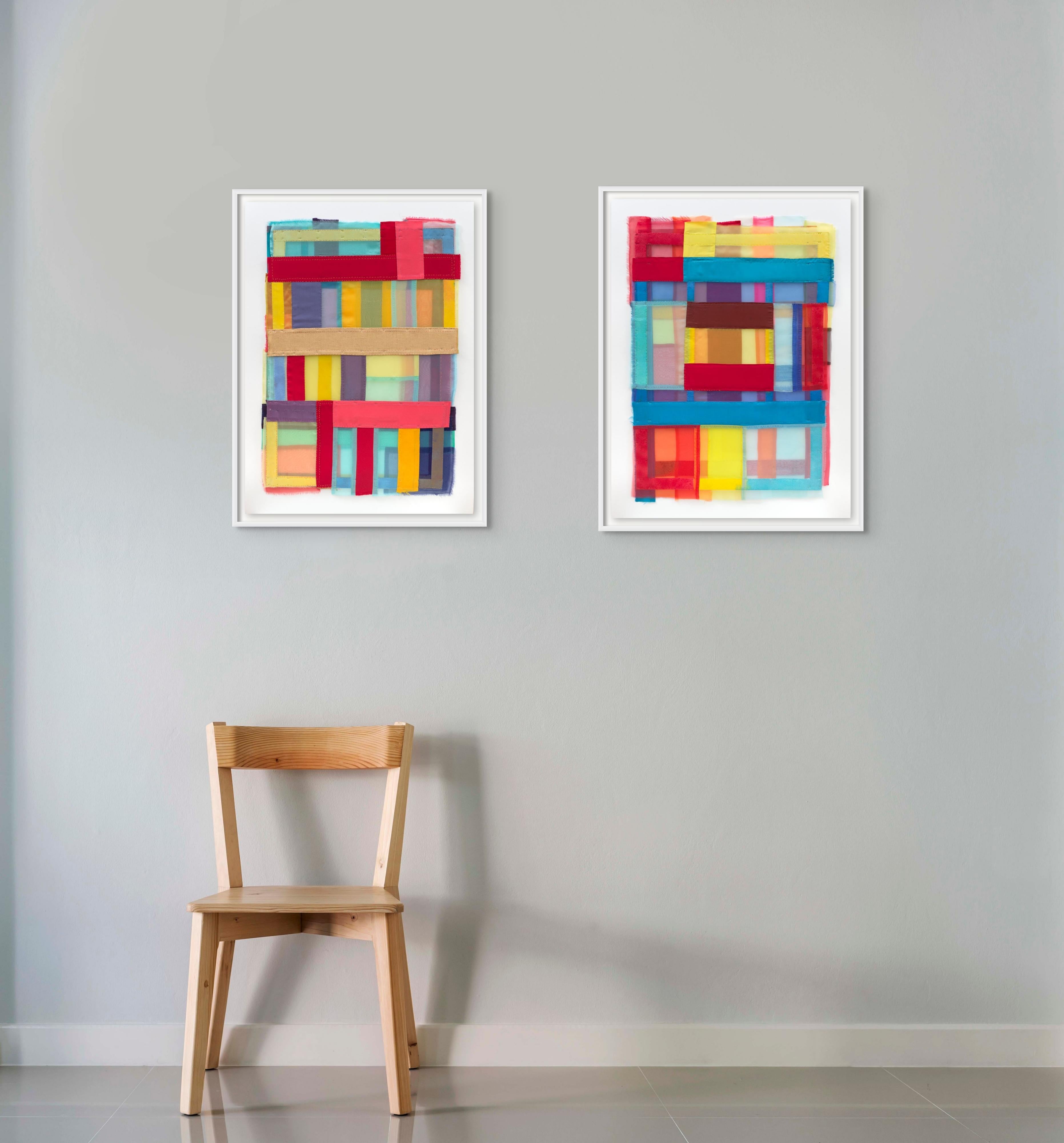 Scale, vibrant, jewel-like, diaphanous strips of fabric collages For Sale 3