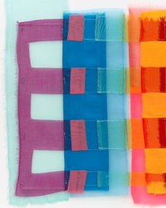 Merge, vibrant, jewel-like, diaphanous strips of fabric collages