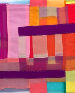 Confection, vibrant, jewel-like, diaphanous strips of fabric collages
