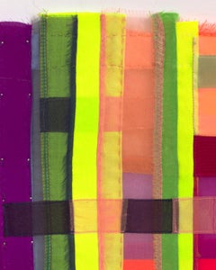 Gauge, vibrant, jewel-like, diaphanous strips of fabric collages