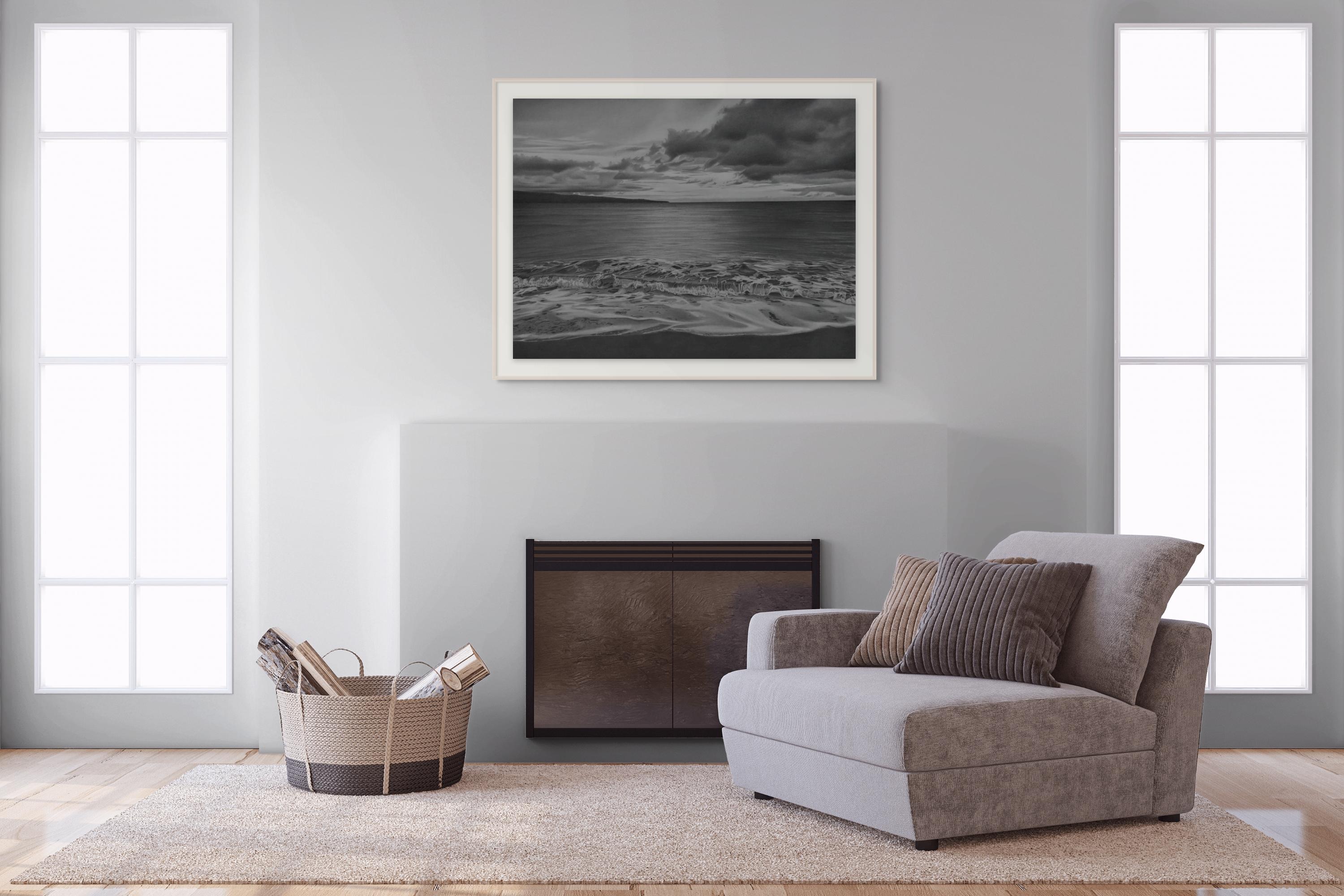 Early Morning, Maui black and white waterscape drawing - Art by Mary Reilly