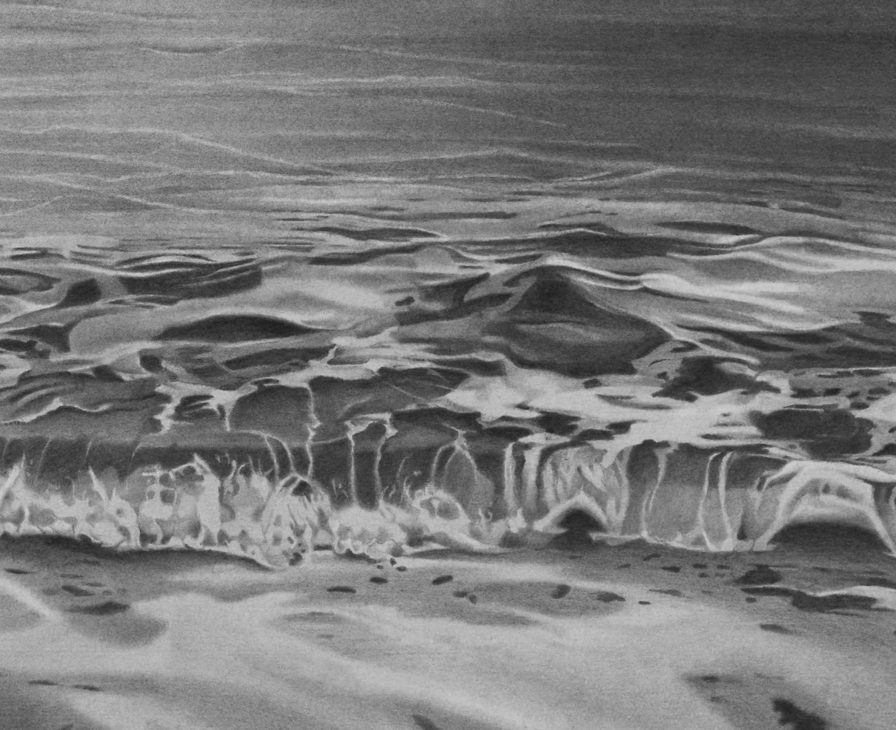 Early Morning, Maui black and white waterscape drawing - Naturalistic Art by Mary Reilly