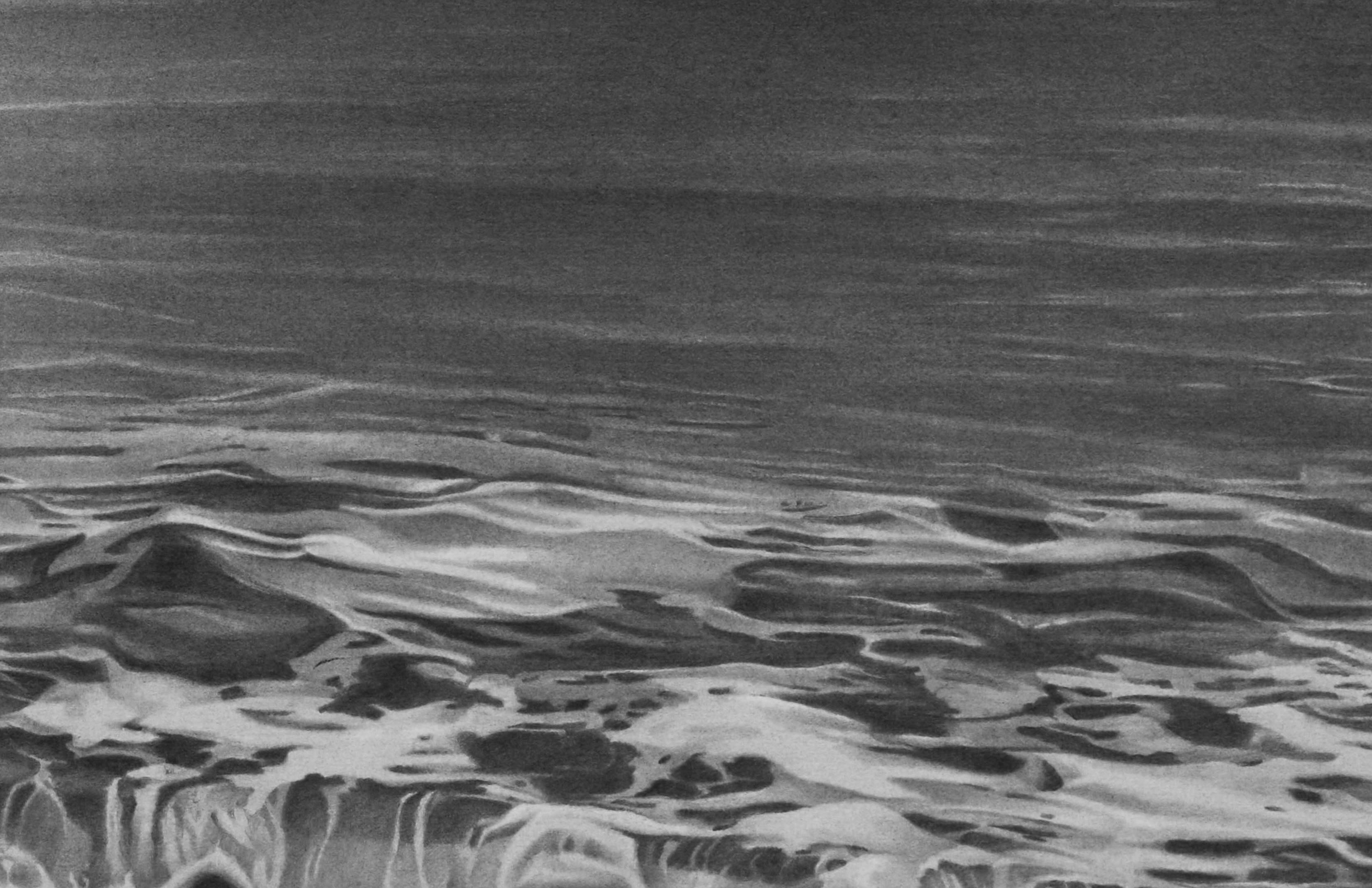Early Morning, Maui black and white waterscape drawing - Black Landscape Art by Mary Reilly