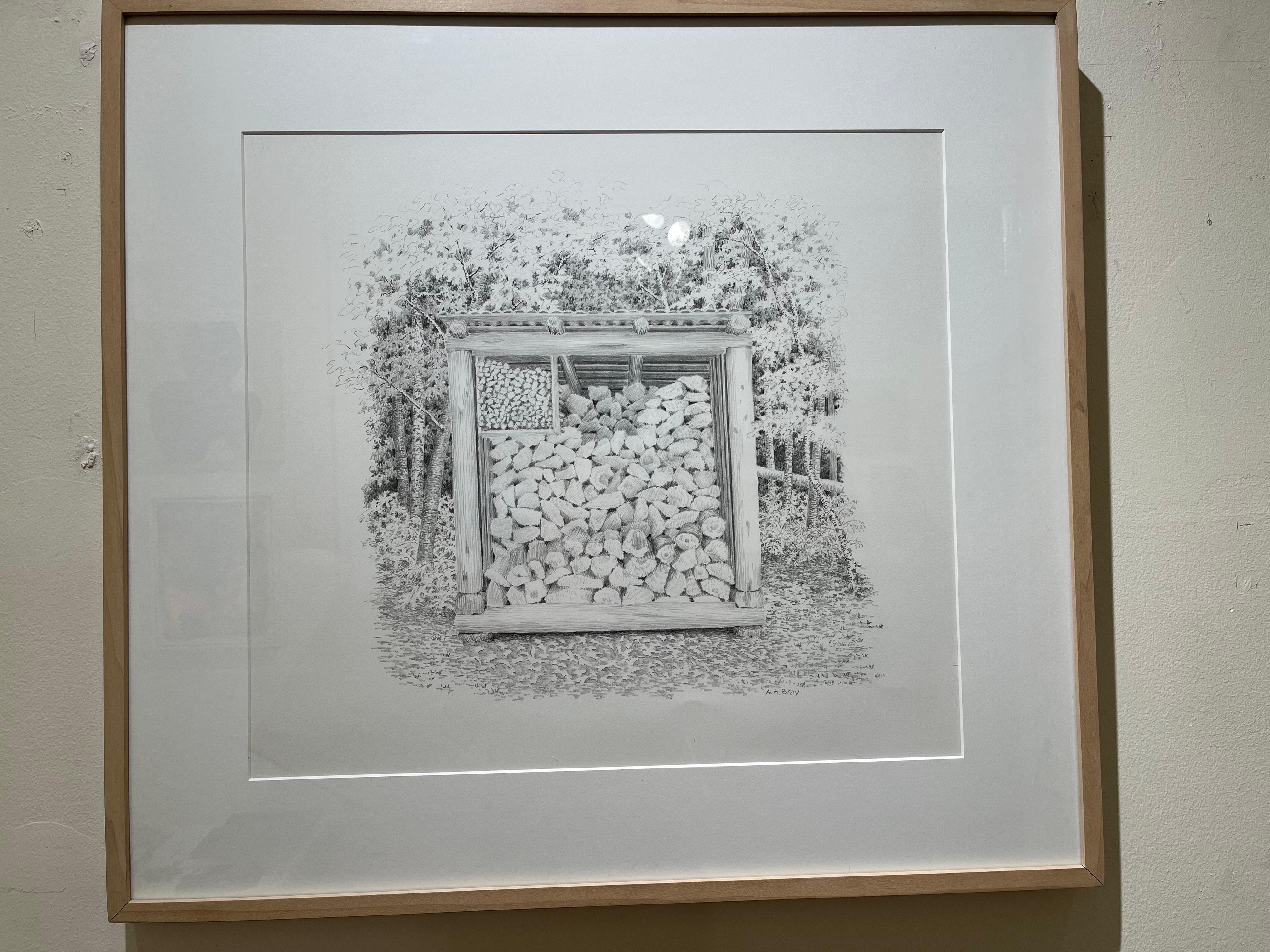 Woodshed Spencer Pond Camps, a Black and White Drawing of a Wood Pile in Forest - American Realist Art by Alan Bray